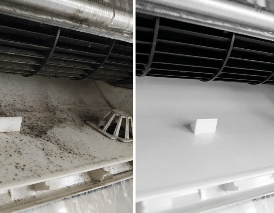 Bac condensation thermopompe nettoyage avant après — JMR Ventilation