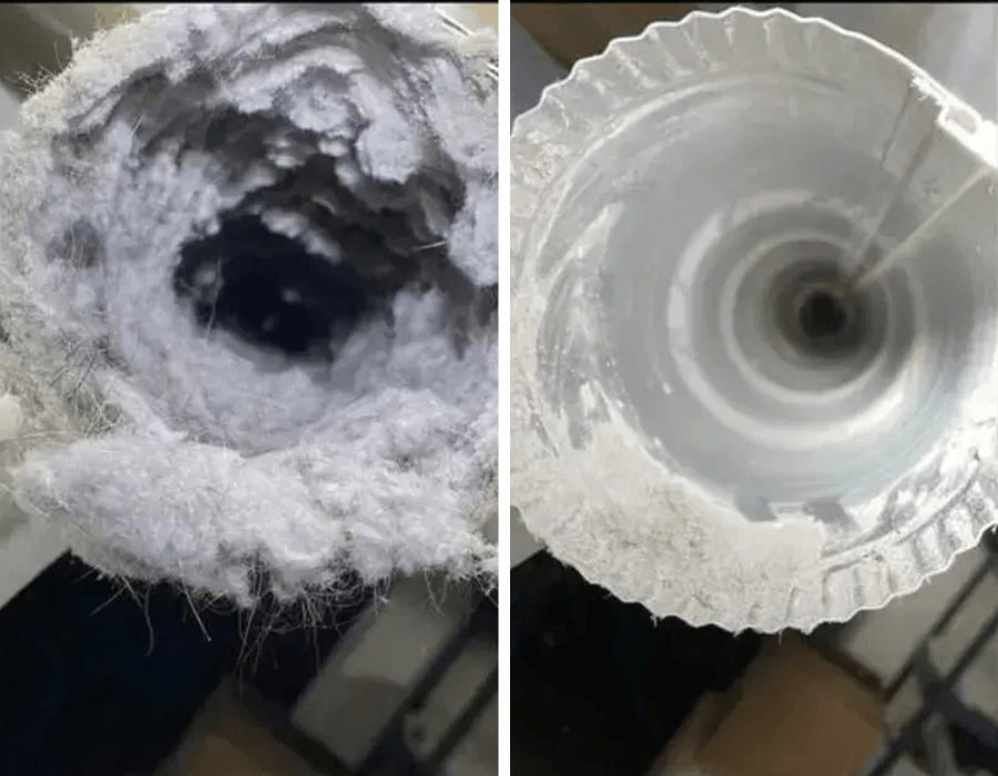 Charpie conduit sécheuse avant après nettoyage — JMR Ventilation