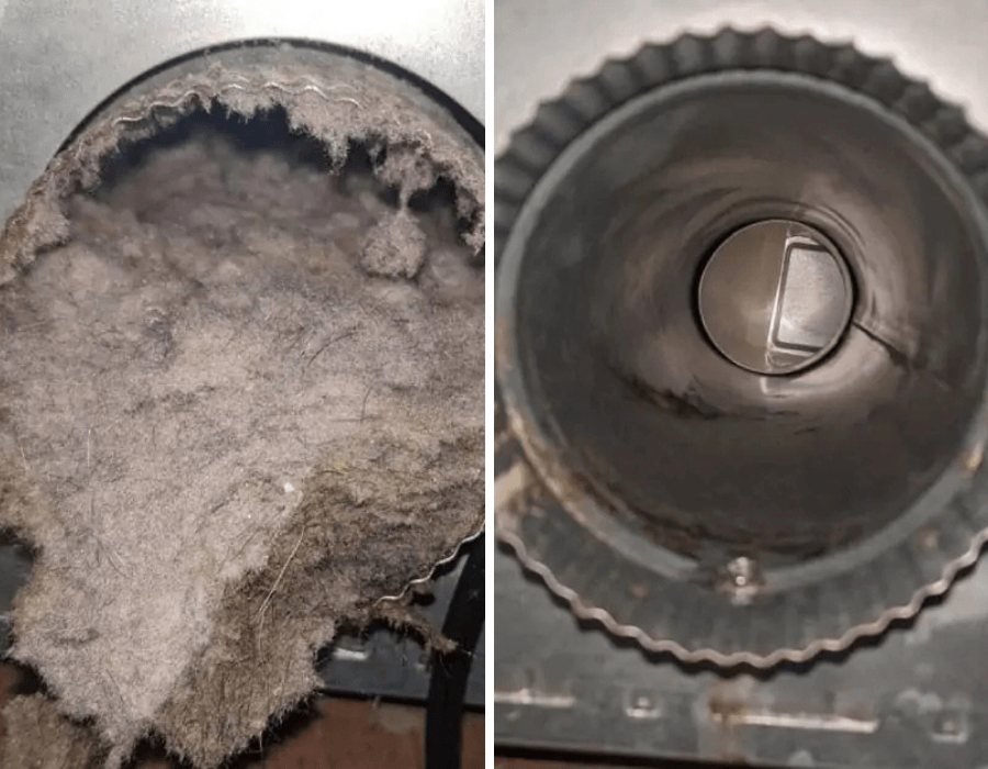 Intérieur conduit sécheuse obstrué avant après — JMR Ventilation